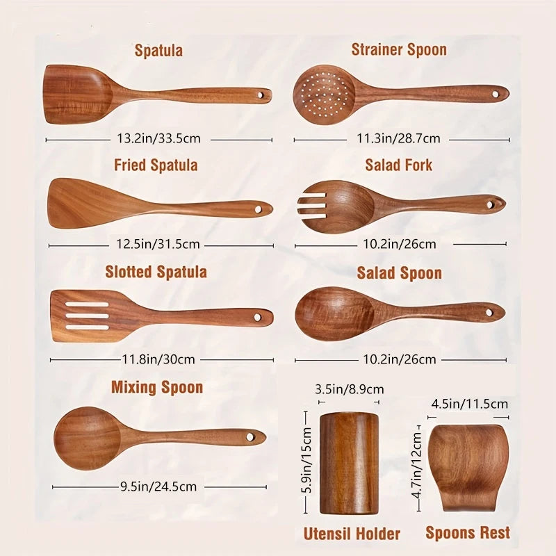Cucharas de madera para cocinar de 9 piezas, utensilios de madera para cocinar con soporte para utensilios, juego de utensilios de cocina de madera de teca