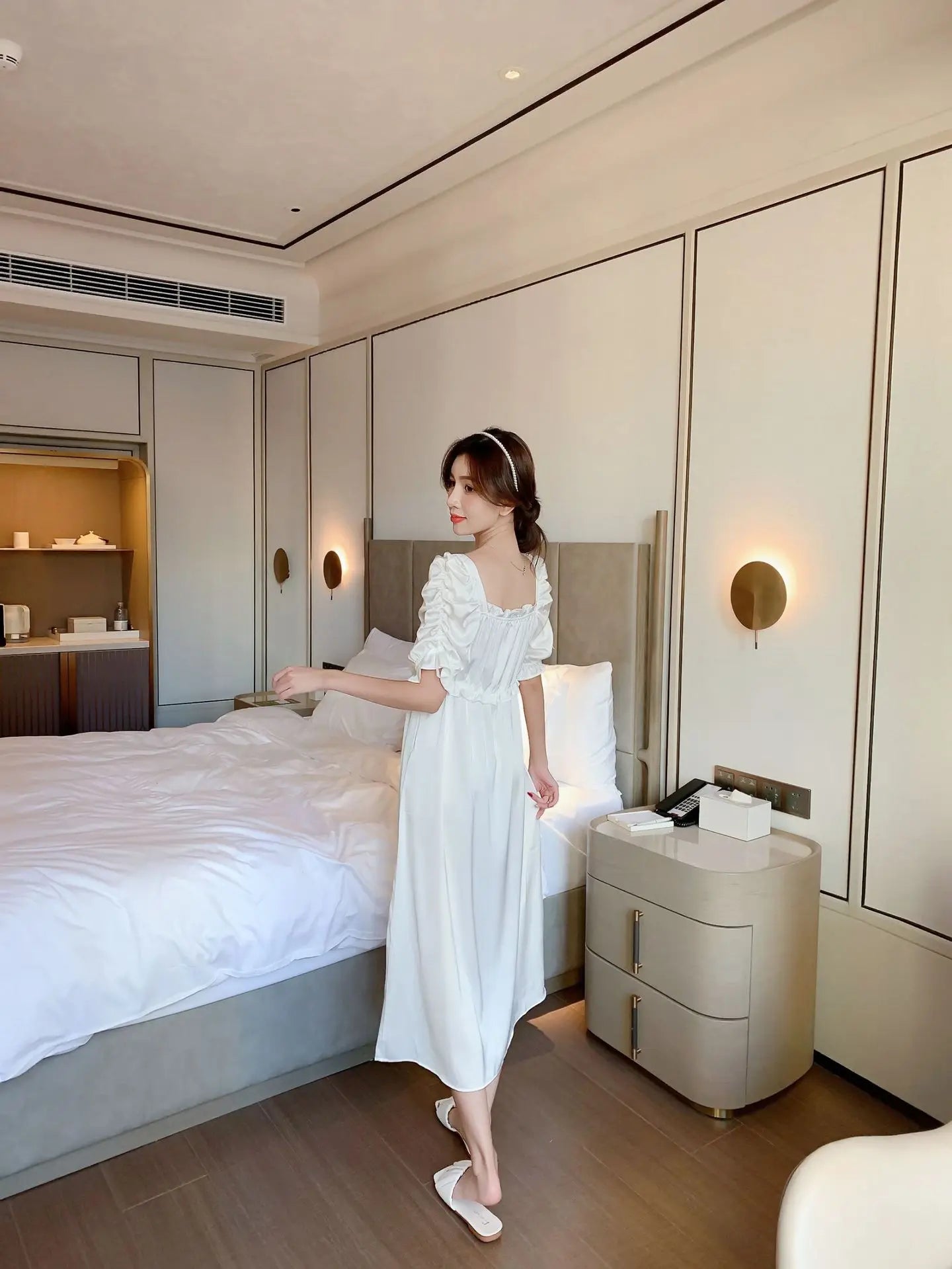 Satin Long Nightgown Women Sweet Lovely French Sleepwear Retro Silk Short Sleeve Sleepshirt Ladies Fashion Nightdress Home Dress
