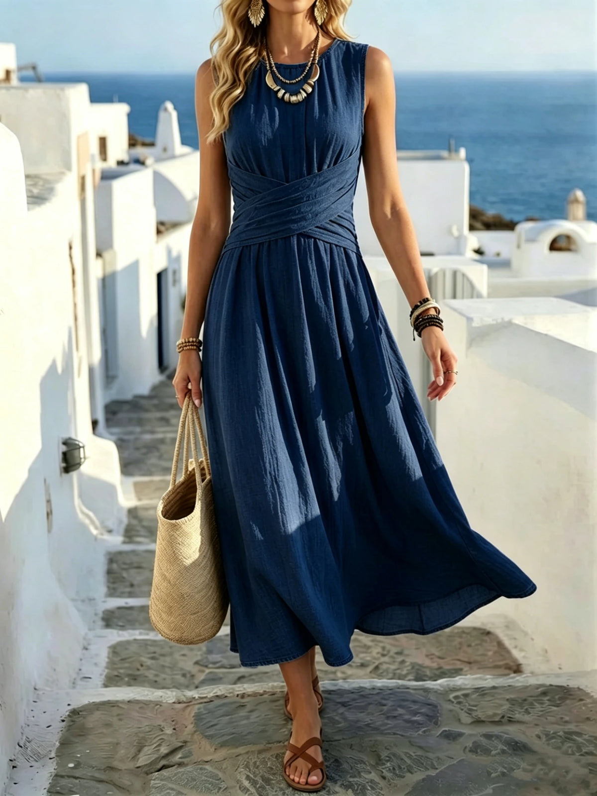 Women's Summer Fashion New Style Elegant Crossed Waistline Round Neck Sleeveless Solid Color Resort Style Maxi Dress