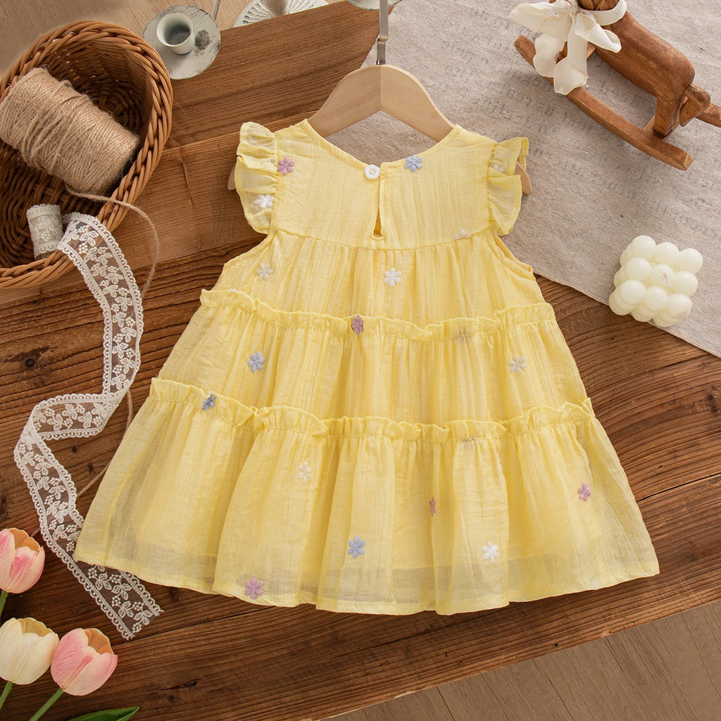 Korean Style Trend Sweet Flowers Embroidery Birthday Party Baby Girl Dress Summer Thin Short Sleeves Crew Neck Toddler Dress