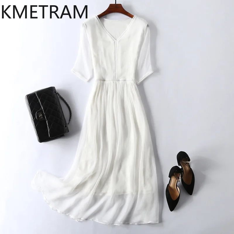 KMETRAM 100% Natural Mulberry Silk Dresses 2025 Woman Summer Elegant V-neck Long Dress Party Frocks Women Clothing Vestidos