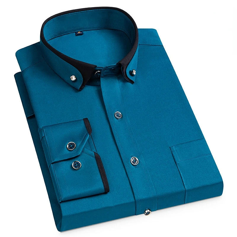 For Men'S Business Dress Shirts Male Formal Button-Down Social Collar Camisa Social Elastic Anti-Wrinkle Casual Men Shirt Pocket