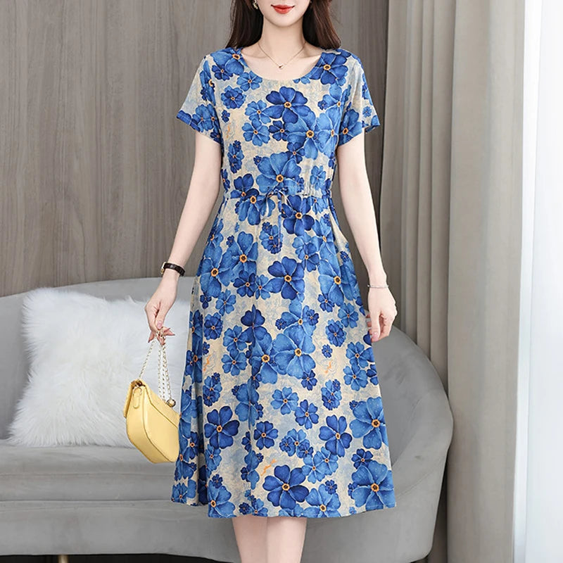 New Elegant Floral Dress  Bohemian plus Size Women Summer Short Sleeve Clothing with Large Hem for Casual Occasions