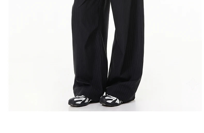 Detachable Skirt Panel Striped Suit Pants Women Turn Up Cuff Tie Waist Straight Wide Leg Trousers Loose Casual Streetwear Pants