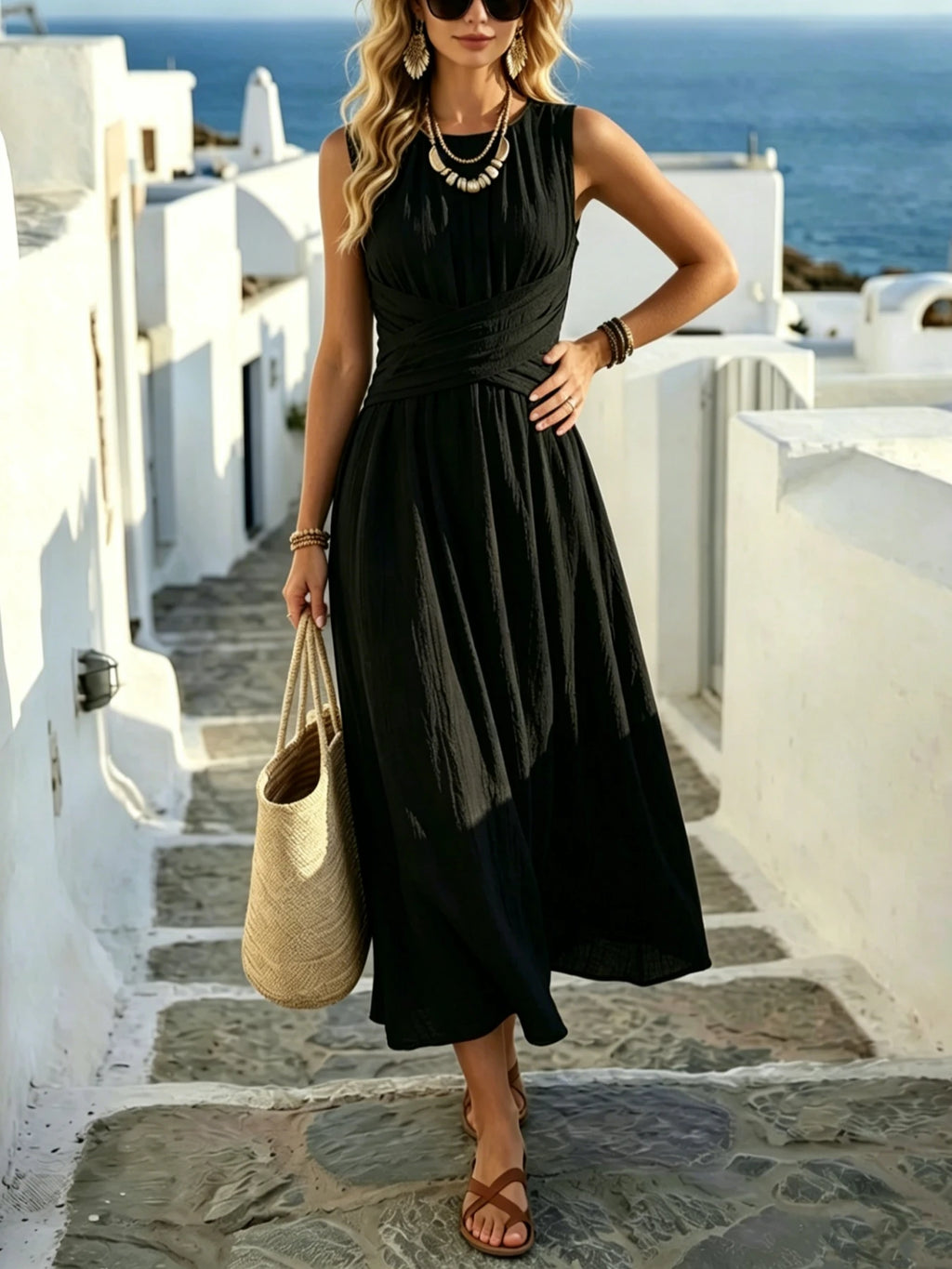 Women's Summer Fashion New Style Elegant Crossed Waistline Round Neck Sleeveless Solid Color Resort Style Maxi Dress