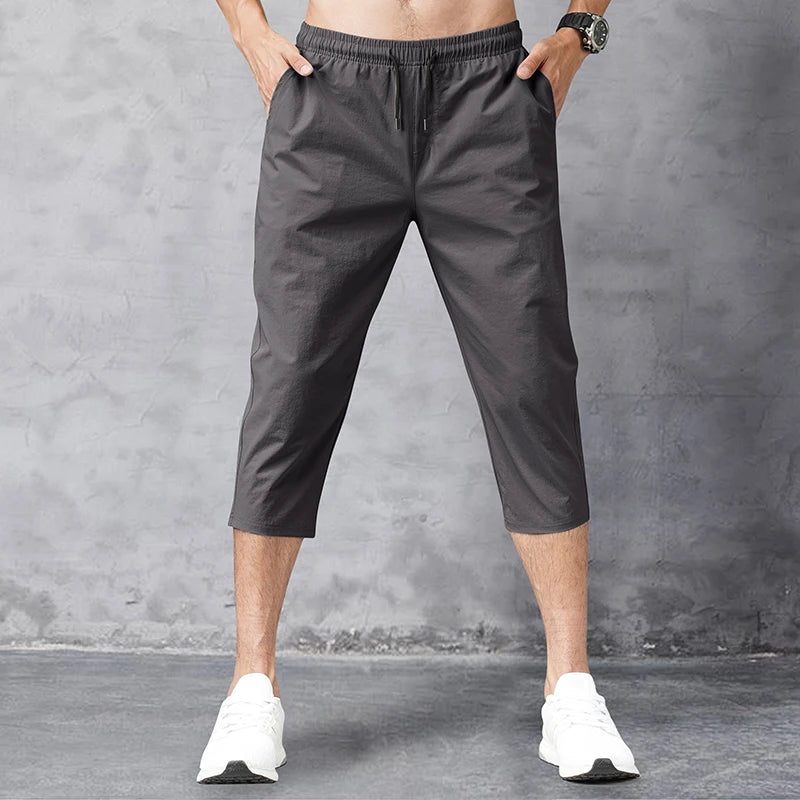 3/4 Length Men's Shorts Quick Drying Ice Silk Summer Breeches Male Long Calf Bermuda Board Beach Elastic Big Size Nylon Stretch
