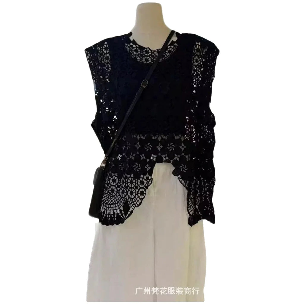 French Elegant Sleeveless Lace Hollow out Top Women's Summer New Design Asymmetrical Outerwear Vest Cover up Polyester Fabric