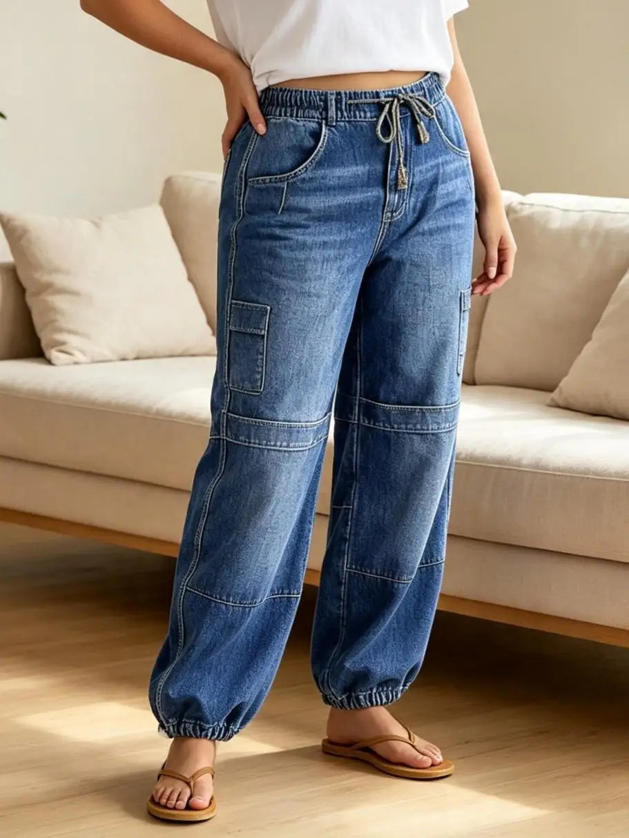 【HME】Jeans | Women Boho Drawstring Denim Pants, Elastic Waist Jogger Denim Jeans, Horizontal Stitch Panel Design, Medium Vintage Wash, Relaxed Baggy Pants For Vacation Daily Casual Wear
