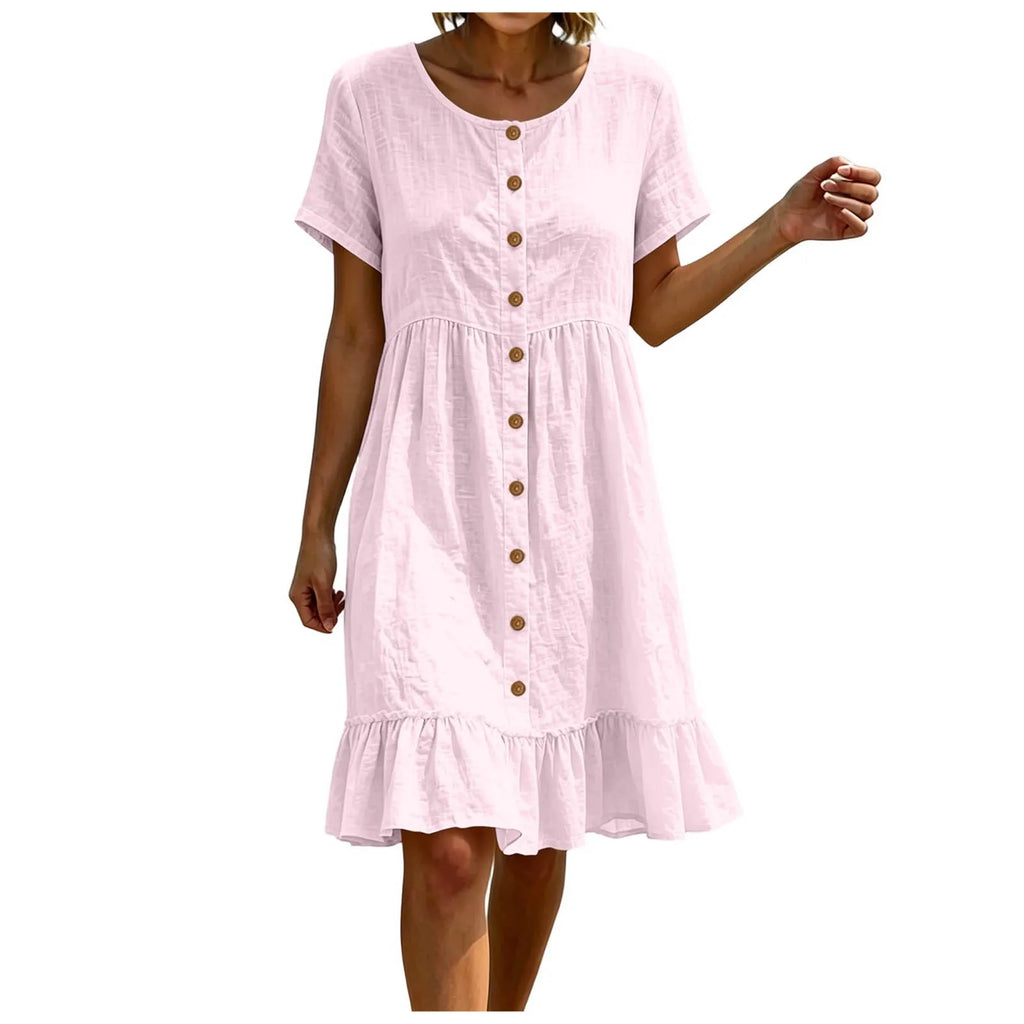 Women Casual Summer Dress Round Neck Front Button Down Short Sleeve Loose Midi Dress Solid Ruffle Hem Beach Cotton Linen Dreses