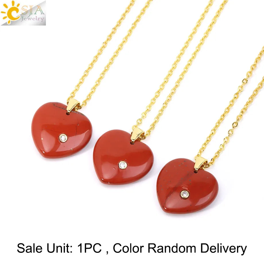 Csja Stainless Steel Heart Pendant Necklace With Natural Stone Amethyst Rose Quartz Crystal For Women DIY Jewelry Makers