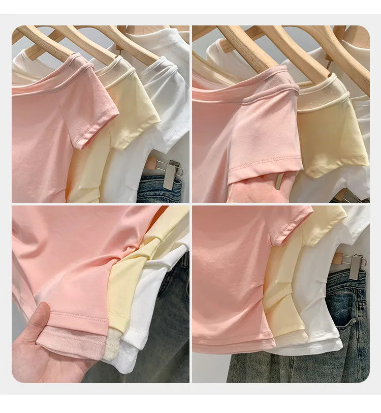 Unique Shoulder-Baring Pink Short-Sleeve T-Shirt Women's Summer New Style Korean Version Slim Fit Commute Style Cotton Material
