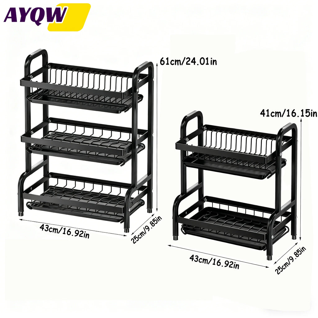 Large 2-3 Tier Vertical Dish Rack/Utensil Holder, Kitchen Storage Rack with Quick Drainage System, Knife and Fork Holder, Cutting Board Storage, Drying Rack - Heavy-Duty Carbon Steel Multifunctional Utensil Organizer, Suitabl