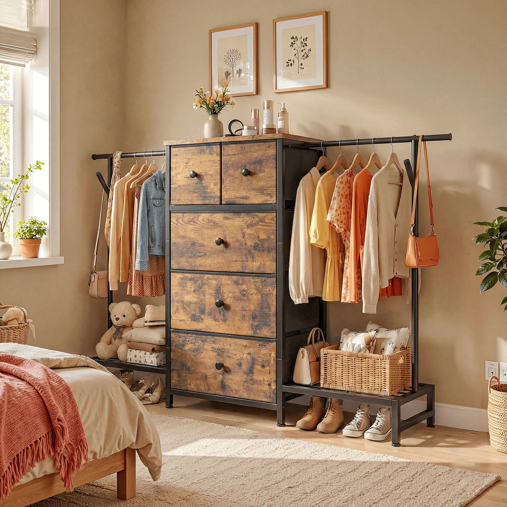 3-in-1 Dresser & Hanging Rack – 57.8" Wide with 5 Drawers & Shoe Rack, Side Hooks for Bedroom Storage and Walk-in closet