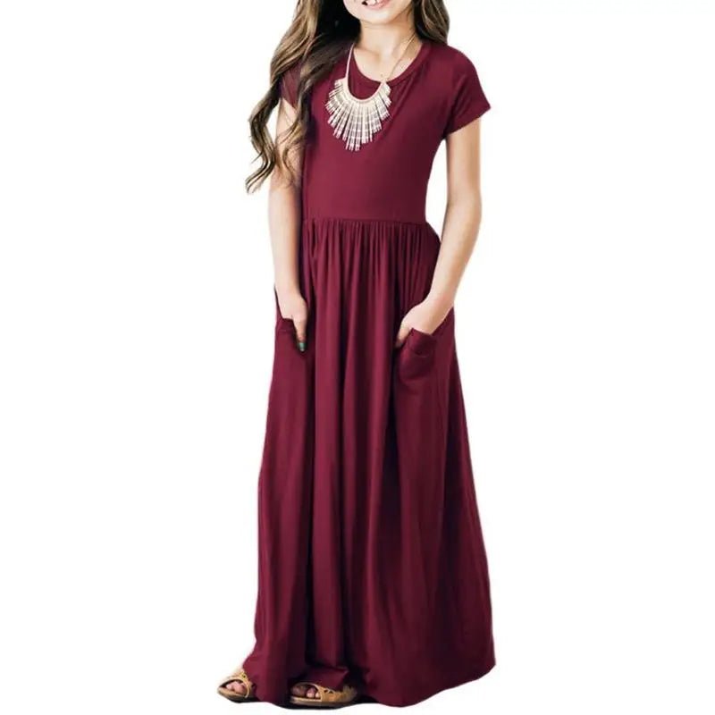 Summer Girls New Solid Color Short Sleeved Long Dress Beach Party Birthday Casual Fashion Show Versatile A-Line Dress
