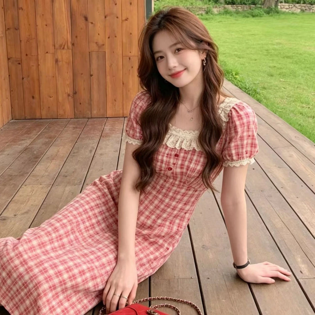 Retro Lace Red Plaid Heart Floral Summer Dress plus Size Waist Cinching Belly Covering Slimming Long A-Line Skirt Dress
