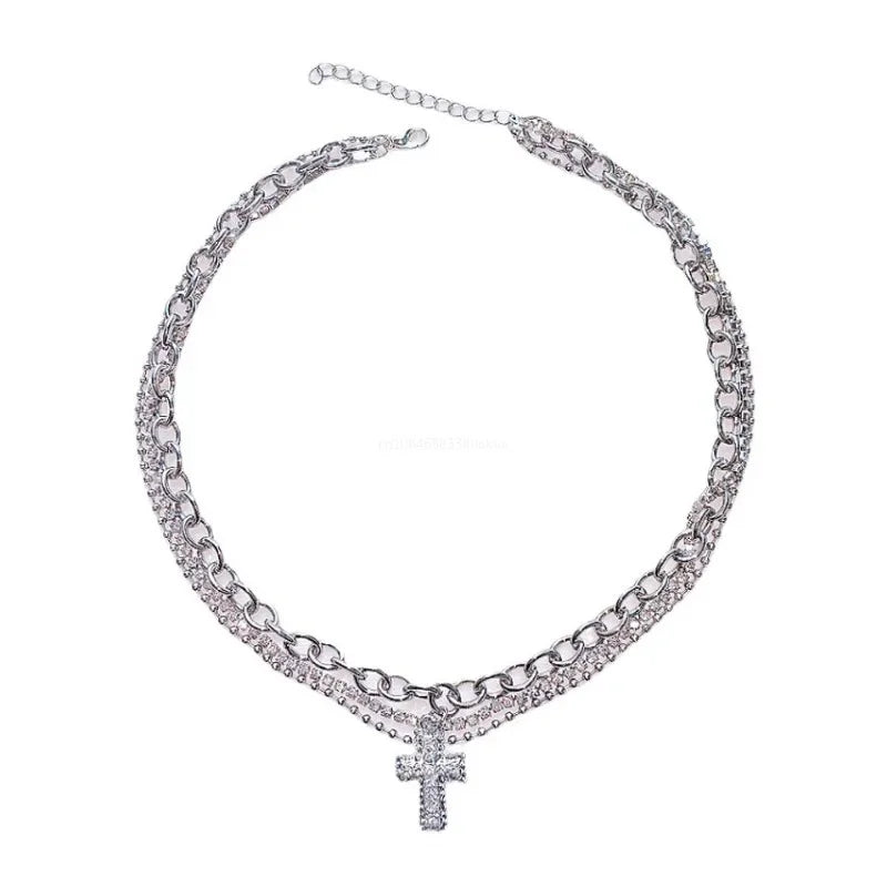 Zircon Cross Pendant Necklace Spicy Girl Sweet And Cool Style Multi Layered Necklace Choker For Women'S Necklace For Women'S