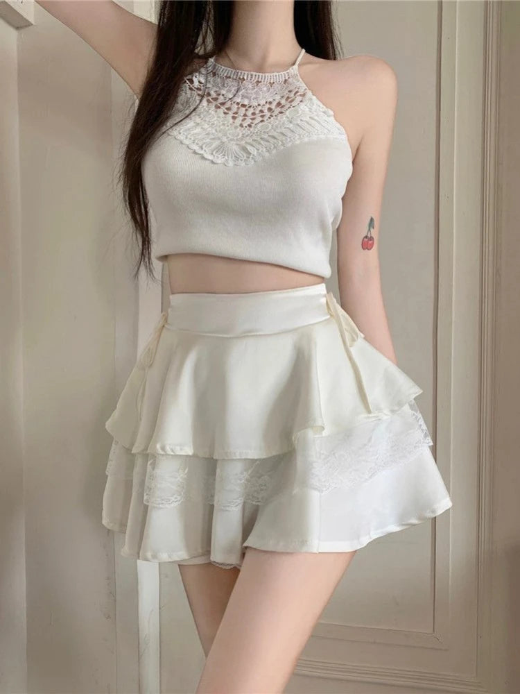White Mini Skirts Women Lace Patchwork Sweet Ball Gown Sexy French Style Ruched Ruffled High Waist Summer Layered Romantic Gril