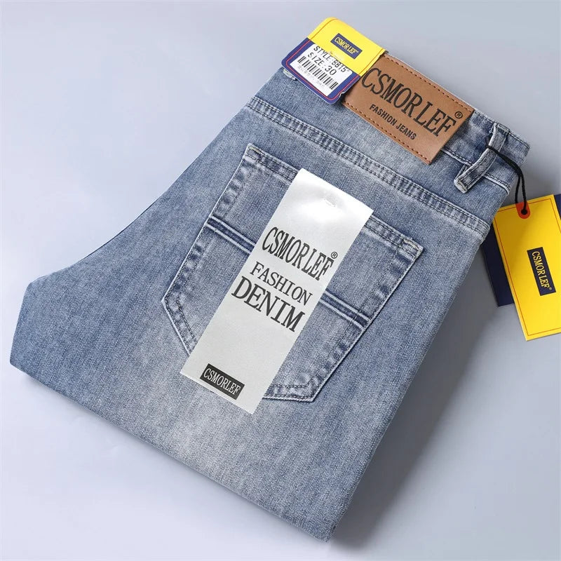 Men's Thin Jeans 2026 Spring Summer Regular Fit Denim Trousers With Stretch Washed Light Blue