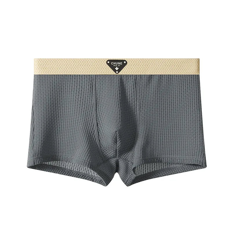 Summer Boxers Men'S Underwear Smooth Ice Silk Plaid Solid Panties Large Size Soft Breathable U Crotch High Elastic Underpants