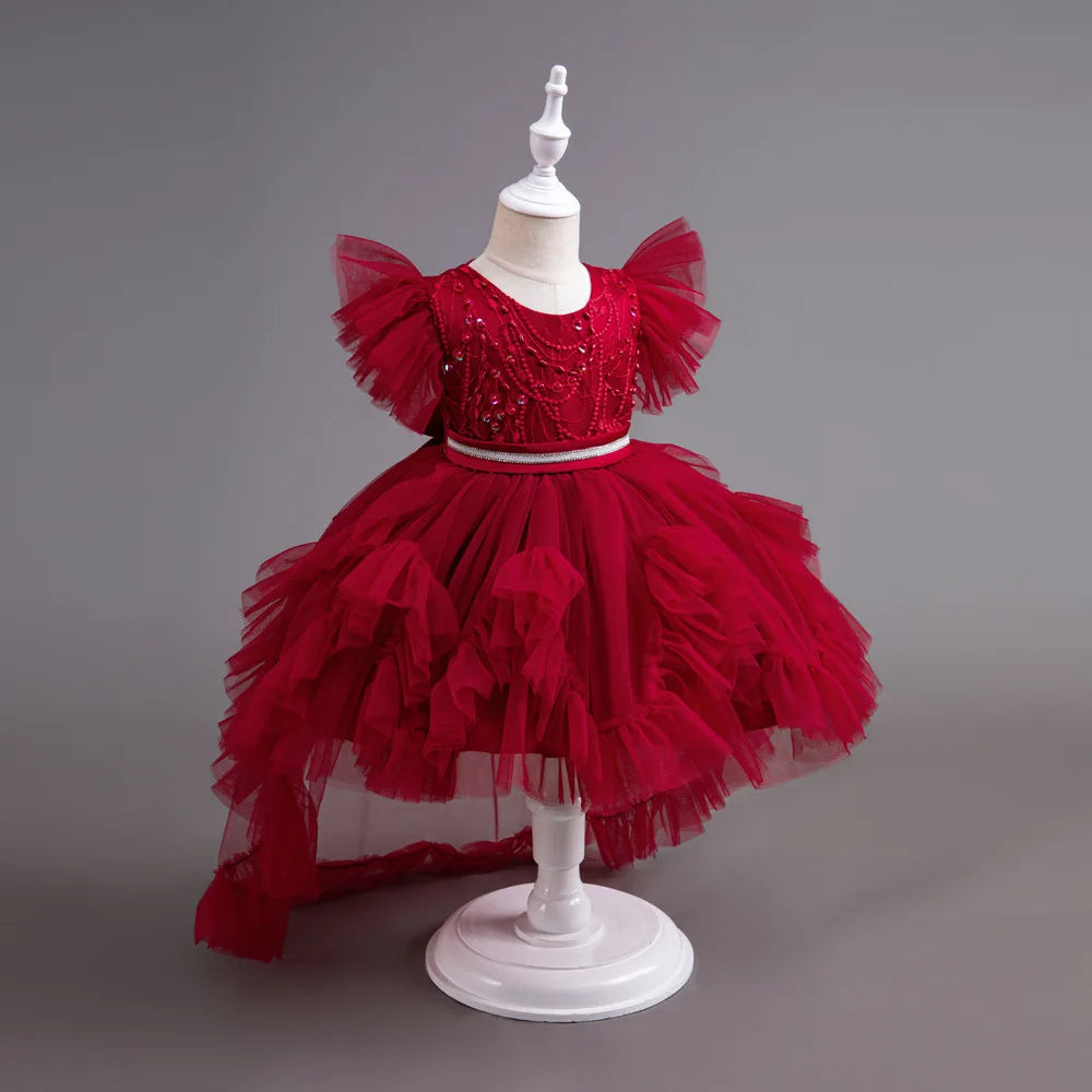 HETISO Girl Christmas Dresses Trailing Kid's Dress for Girls Retro Lace Sequined Children's Wedding Party Ball Gown 6 8 10 Years