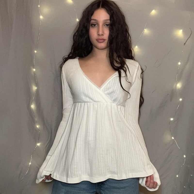 Women Fairy Y2k Cottage T-shirt Coquette V Neck Long Sleeve Babydoll Tees Autumn Spring Casual Pullovers Tops Vintage Clothes