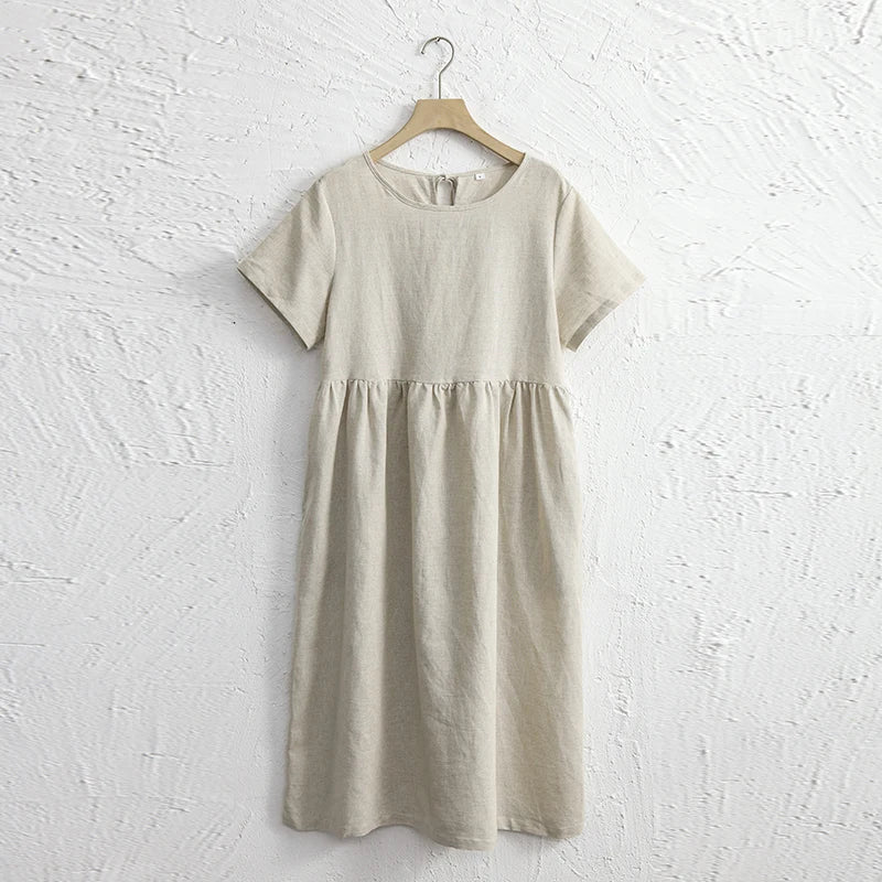 Women Cotton Linen Midi Dresses Summer Chic Female Vestidos Loose A-Line Dress Short Puffy Sleeve Casual Sundress