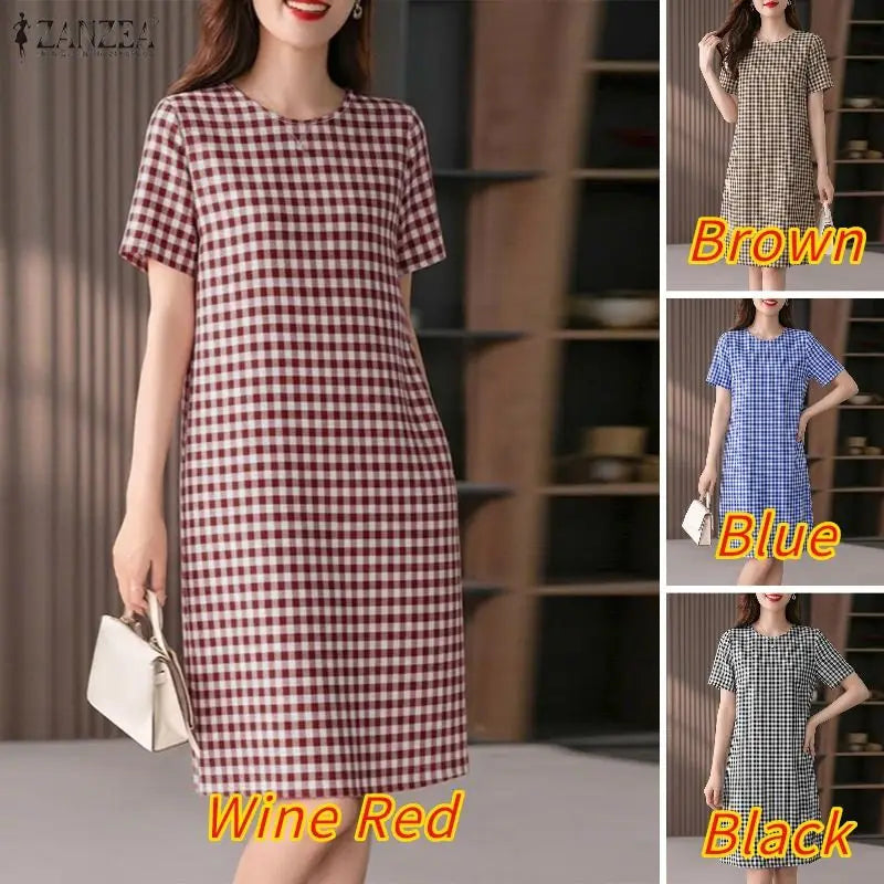 ZANZEA Women's Vintage Gingham Short Sleeves Dresses O-Neck Knee-Length Dress 2026 Summer Daily Casual Commute Robes Femme
