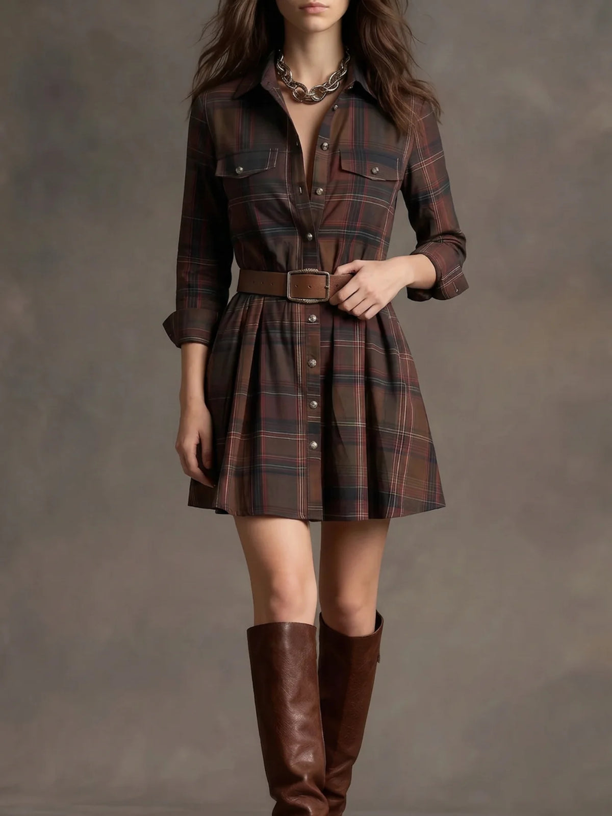 Women's Turn‑Down Collar Long Sleeve Mini Dress Plaid Print Button Front Pleated A‑Line Shirt Dress Fashion Casual Ladies Daily Outfit