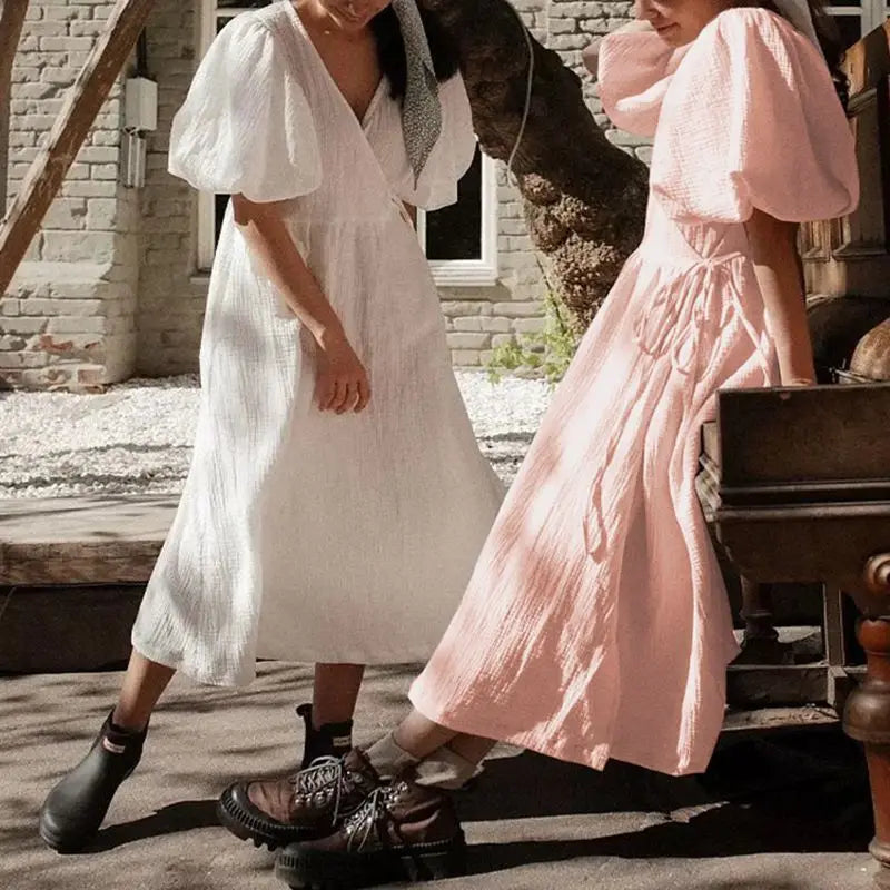 Vintage 100% Cotton Women's Dress Retro Crepe Gauze V-Neck Puff Sleeve Bandage Lace Up Elegant Dresses For Women Long Maxi Robe