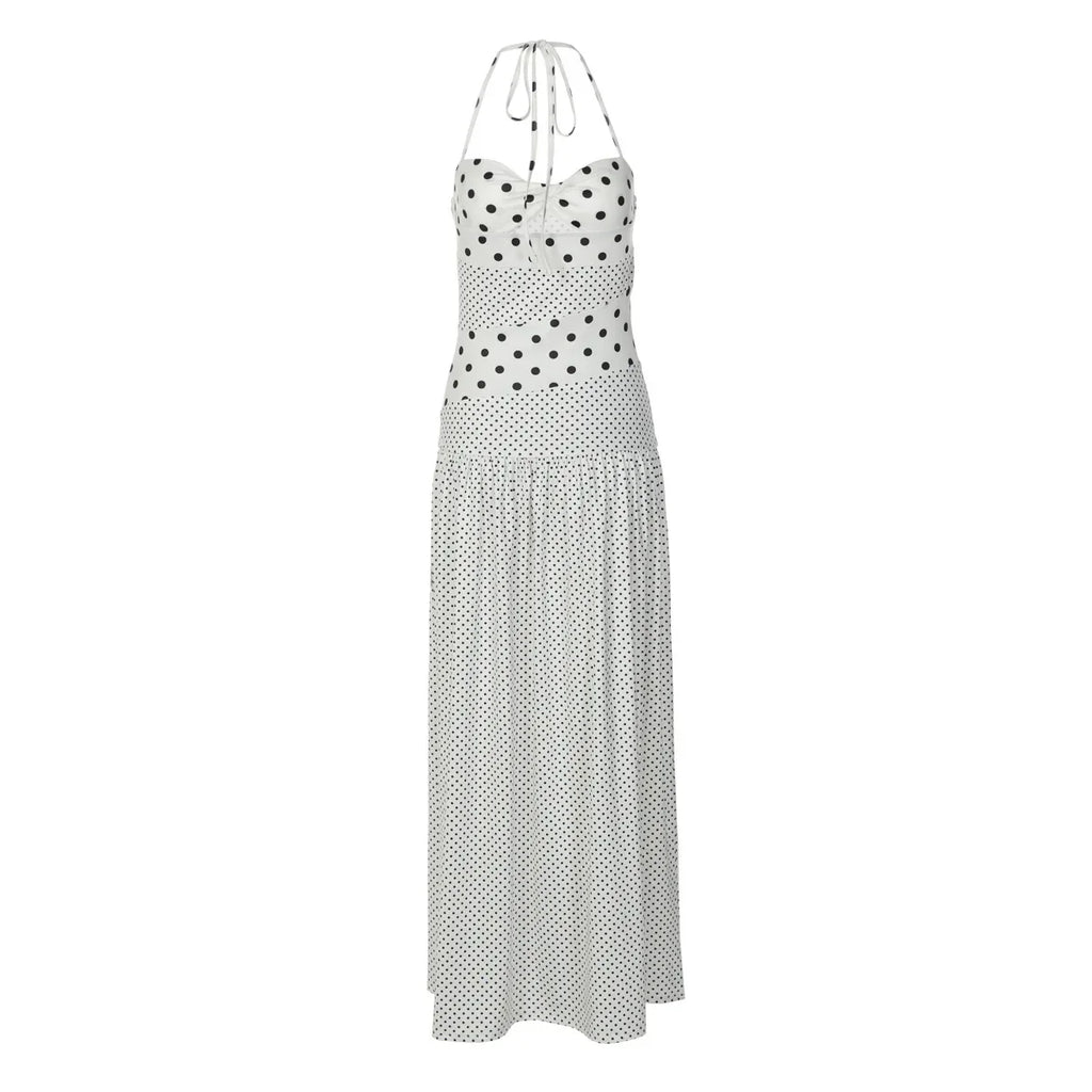 2026 Summer New Collection Womens Sexy Neck Hanging Polka Dots Retro Pleated Temperament Polka Dot Dress