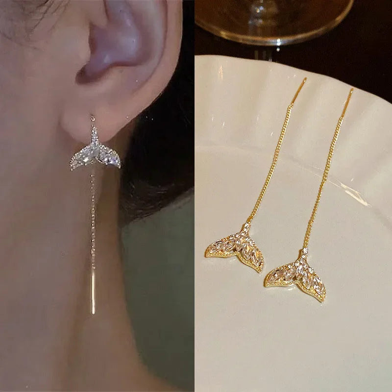 Rose Gold Threader Drop Earrings for Women Long Hanging Zircon Crystal Piercing Jewelry