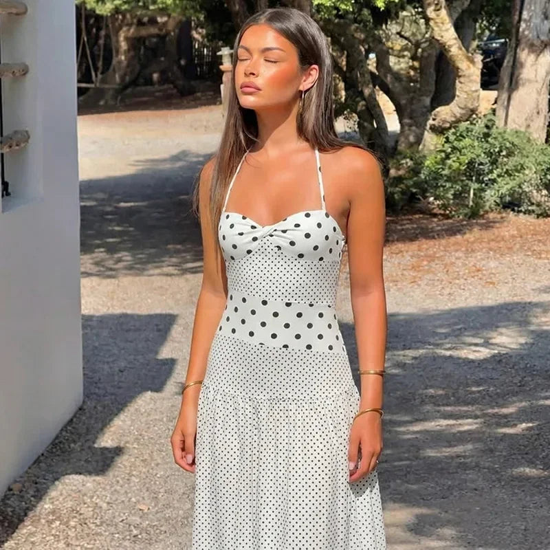 2026 Summer New Collection Womens Sexy Neck Hanging Polka Dots Retro Pleated Temperament Polka Dot Dress
