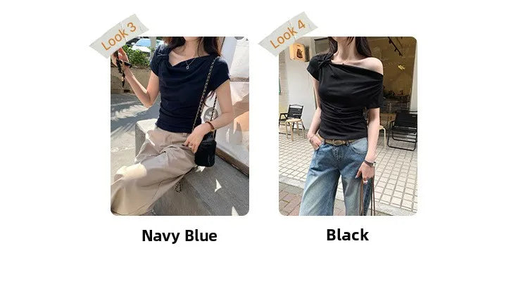 Slim Fit Short Sleeve T-Shirt Women Summer New Style Shoulder Bared Neckline Gathered Waist Elastic Band Casual Style Top