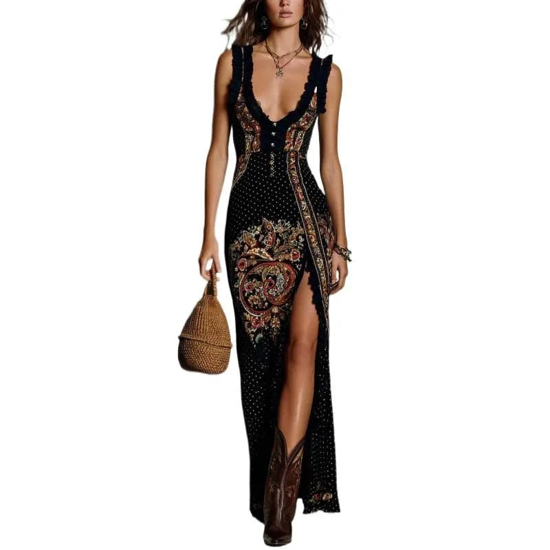2026 European American Women Digital Print Sleeveless Vest Split Maxi Dress Vacation Style