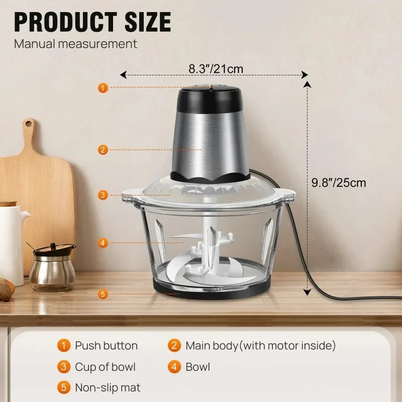 2L Electric Meat Grinder Food Chopper Stainless-Steel Blades Small Food Processor Removable Dicer 2 Speeds Meat Mincer