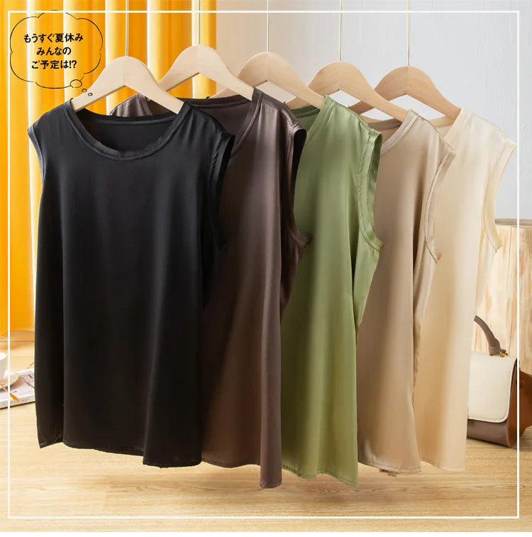Heavy Silk Women's Sleeveless Top T-shirt Autumn Silk Top Silk Satin Bottom Top Solid Color T-shirts Satin Shirts for Women