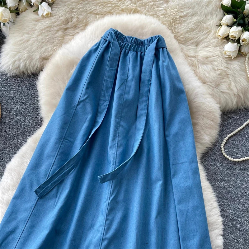 KAROFI Women Bow Tie Elastic Waist Denim Long Skirt Korean A Line Flowy Midi Jeans Skirt Casual Loose Vintage Blue Maxi Skirts