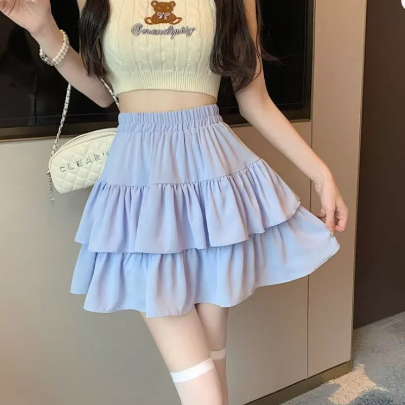 Korean Chic Y2K Sweet Girl's White Princess Mini Skirt Ballet-style Tiered Skirt Elastic High Waist Cake Skirt Shorts All-match