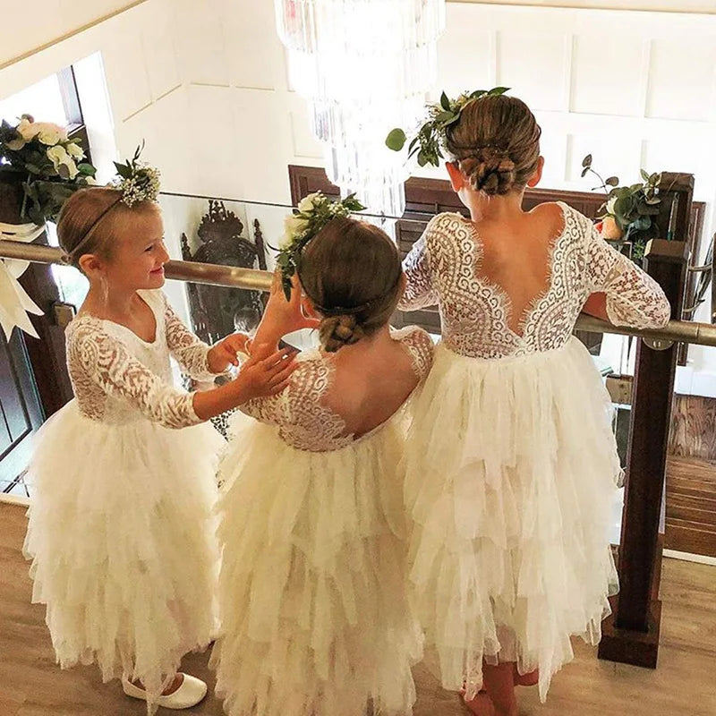 Princess Girls Festival Dress for 6m To 13 Years Old Elegant Flower Girl Vacation Layered Dress Lace Backless Evening Dresses