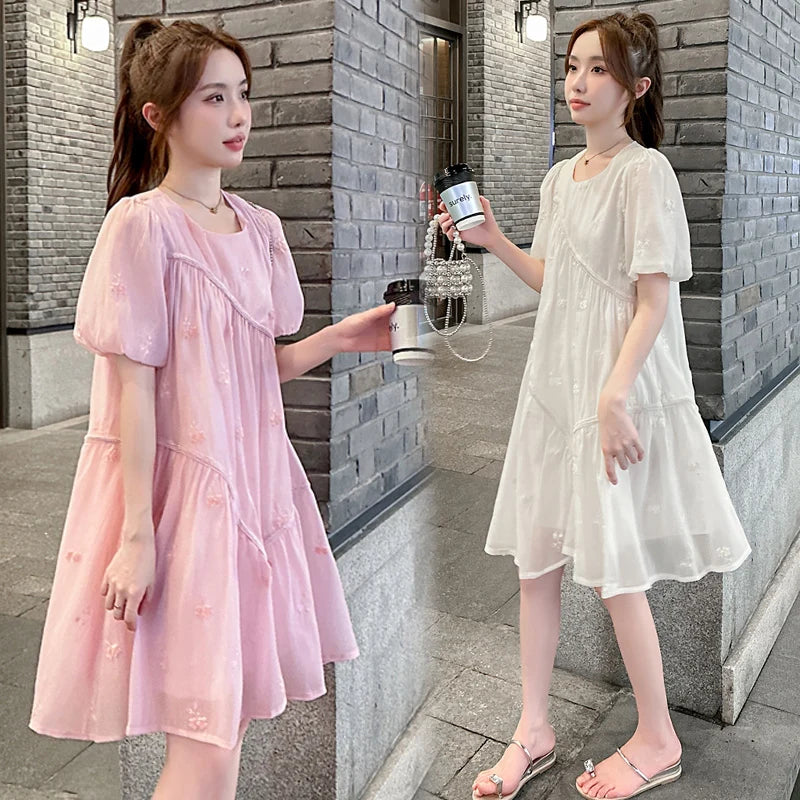 Summer Plus Size Maternity Ball Gown Dress Puff Sleeve O-neck Fashion Embroidery Pregnant Woman Short Dress Princess Dresses