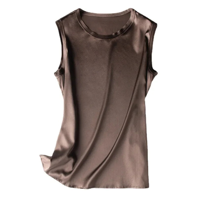 Heavy Silk Women's Sleeveless Top T-shirt Autumn Silk Top Silk Satin Bottom Top Solid Color T-shirts Satin Shirts for Women