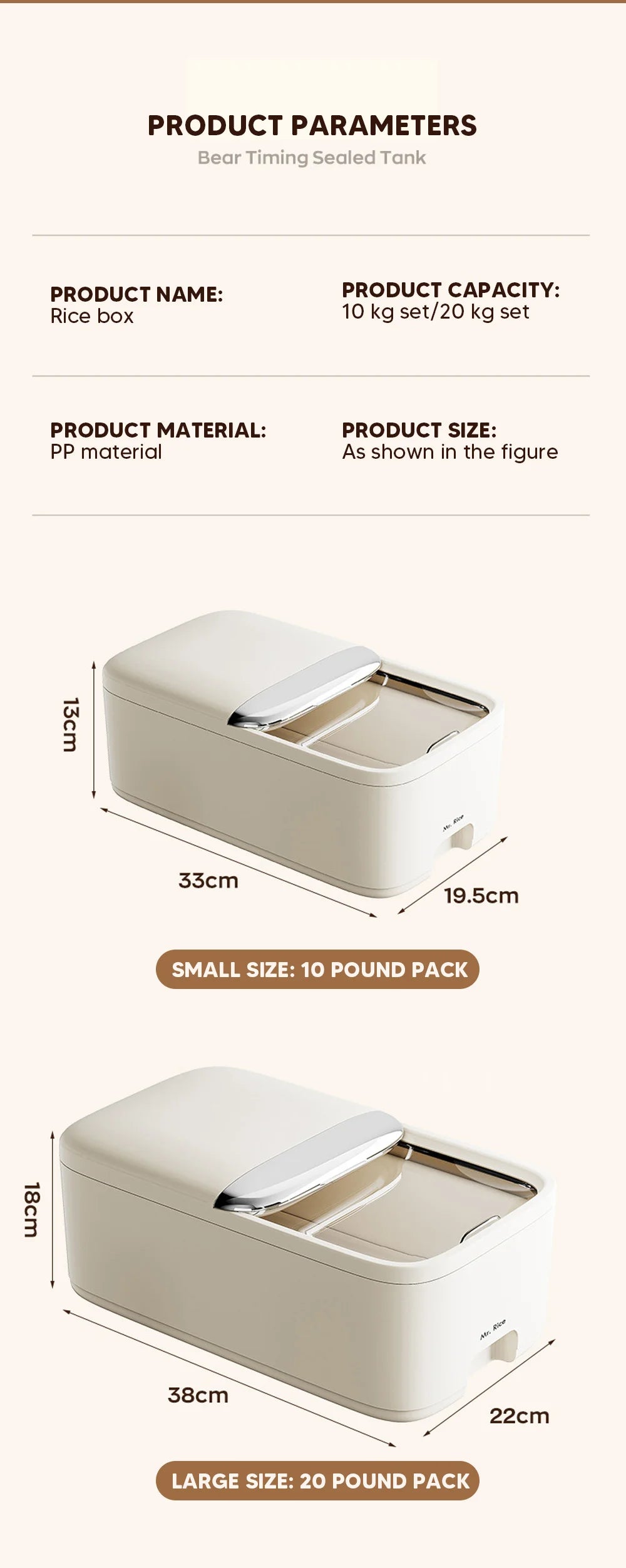 Caja de almacenamiento de arroz de 10 kg para el hogar con tapa, a prueba de insectos y humedad, caja de arroz, tarro sellado para granos, contenedor de cocina para almacenar granos secos