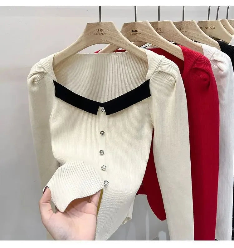 Women's Knitted Short Sweater Square Collar Base Shirt Color Collision Design Sensation Autumn Winter Special Edition Top
