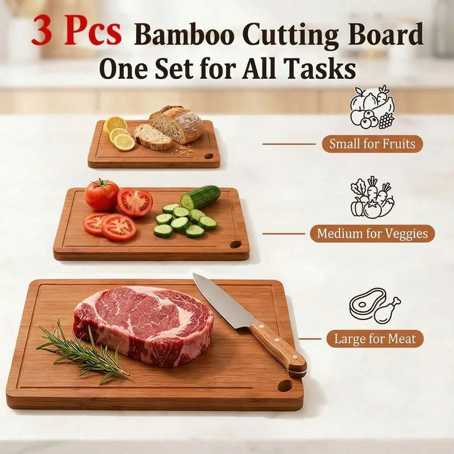 Deep Carbonized Bamboo Cutting Board Set, Designed For Kitchen Use, Paired With Wooden Storage Rack; Double-Sided For Separate Handling Of Cooked Food, Features Oil Draining Groove And Ergonomic Handle, Protects Knives,