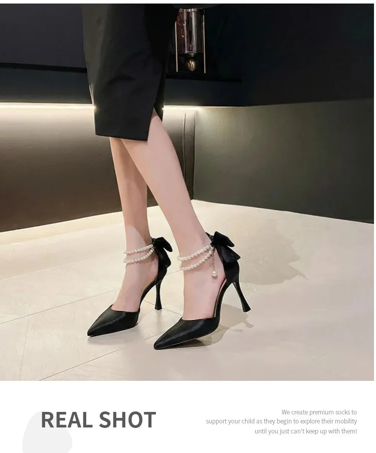 Plus 33-42 Pearl Ankle Strap Bow Heels Stiletto High Heels Women Pumps Wedding Shoes Bride Ladies Party Prom Closed-toe Sandals