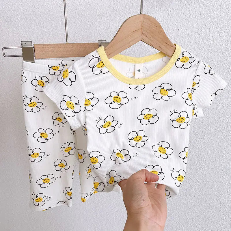 Summer Fashion New Short Sleeve Round Neck Flower Printed T-shirt Top+Pants 2 Piece Set Kids Casual Home Clothes