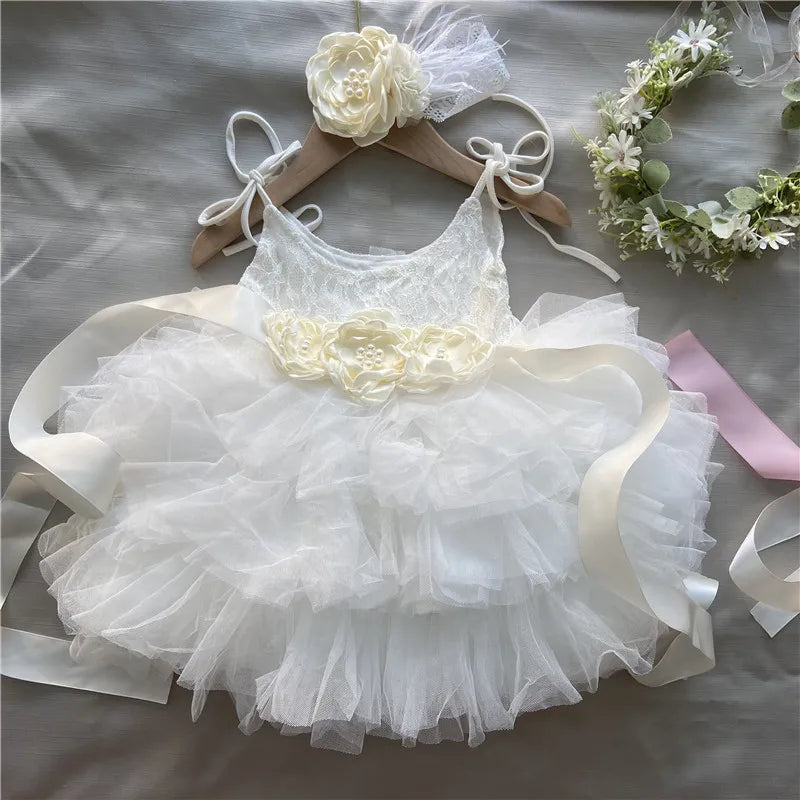 New Born Baby Girls Birthday Dress for Kids Flowers Girls Party Tutus Costume Belt Headband 3pcs Outfit Set Princess Vestidos