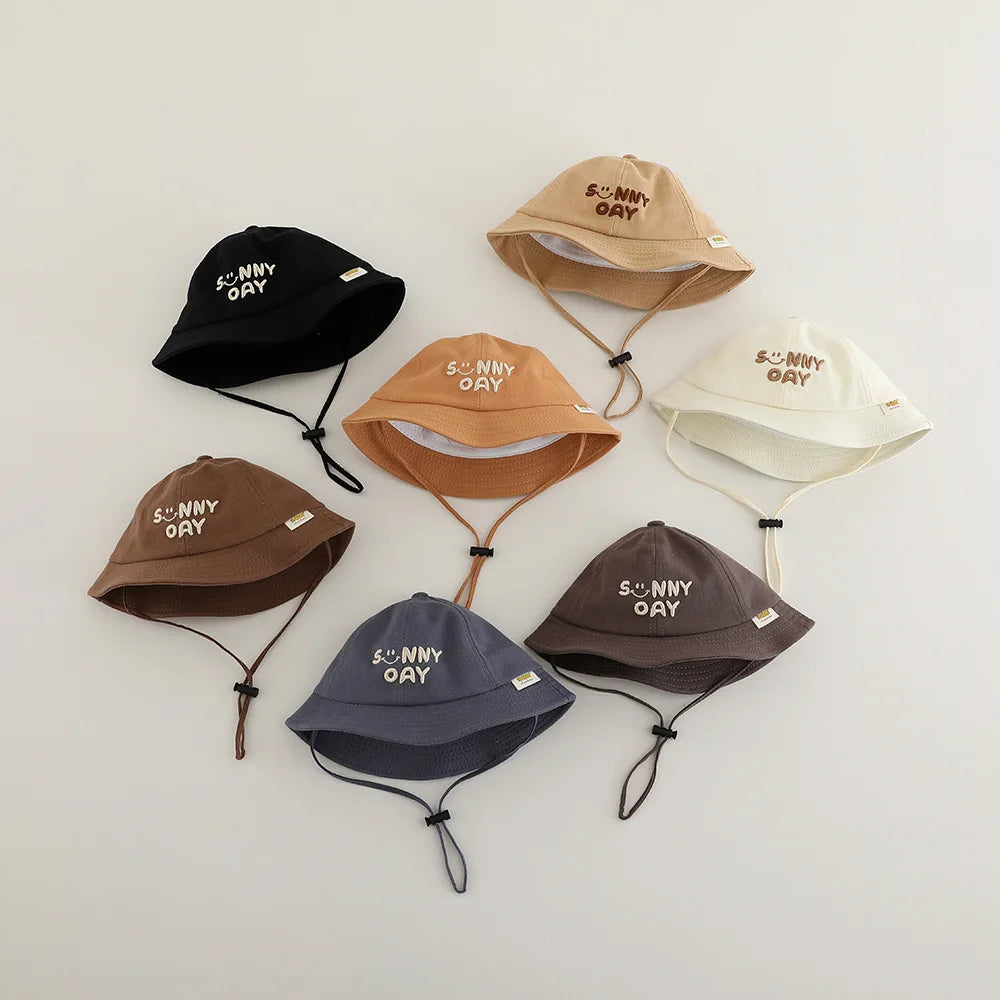 New Embroidered Letter Baby Bucket Hats Spring Sunhat Fishing Hat Sunshade Visor Boy Girl Outdoor Fashion Beach Cap For 6-24M