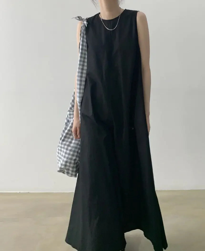 Korean Fashion Women Dress Casual Round Neck Loose Solid Color Casual Big Swing Sleeveless Long Linen Lazy Style Vestidos