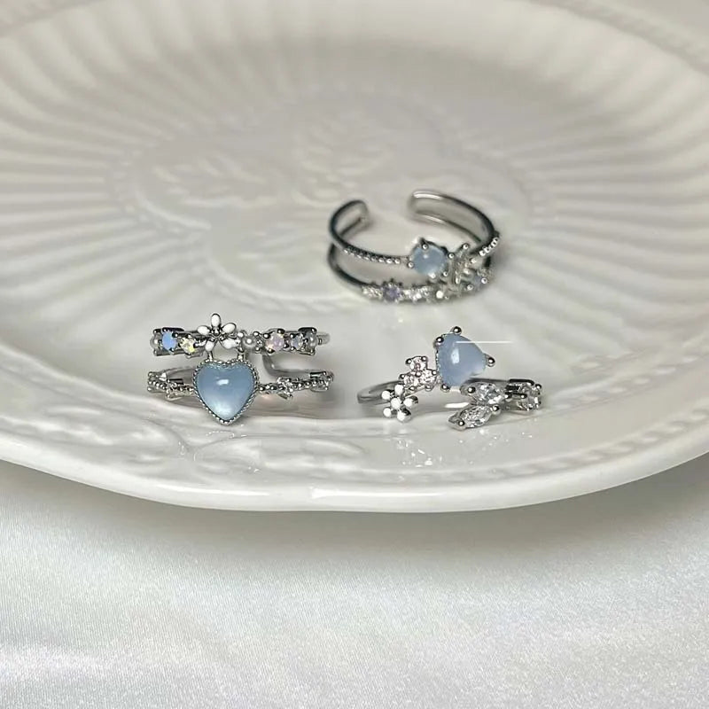 Fashion Blue Opal Heart Rings for Women Kpop Punk Gothic Open Flower Rhinestone Finger Rings Wedding Party Trendy  Jewelry